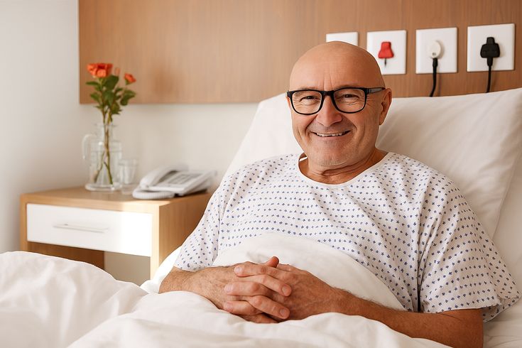 Patient sitting in hospital waiting area with a nurse assisting